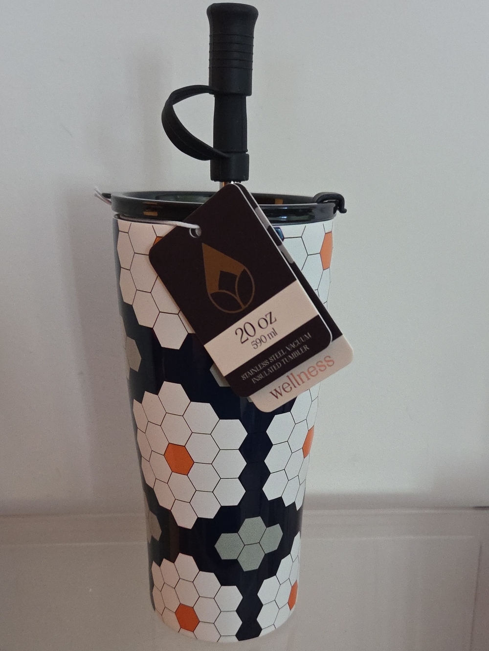 Wellness 20 oz Hexagon Floral Stainless Tumbler - Navy, White, Orange...NWT